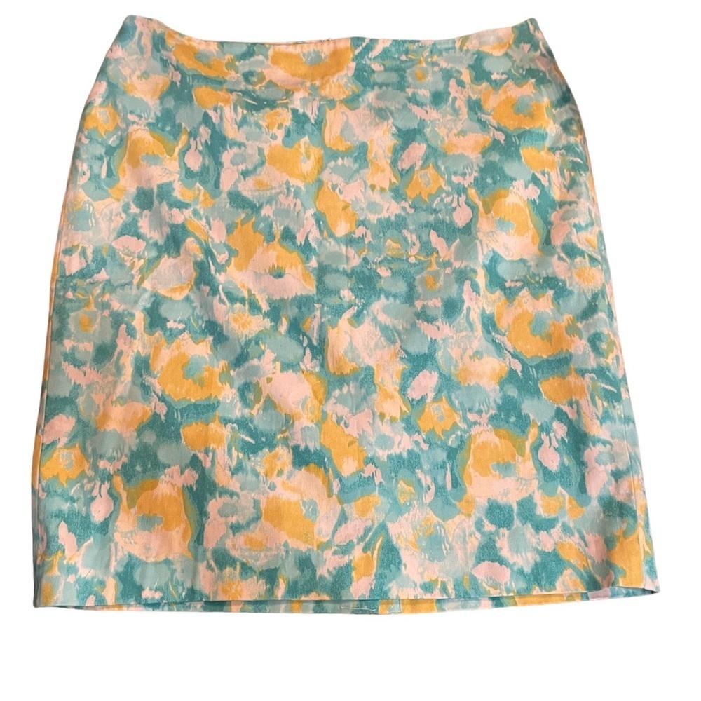 Talbots pencil skirt gorgeous watercolor print Blues/yellows zipper Size 16  P